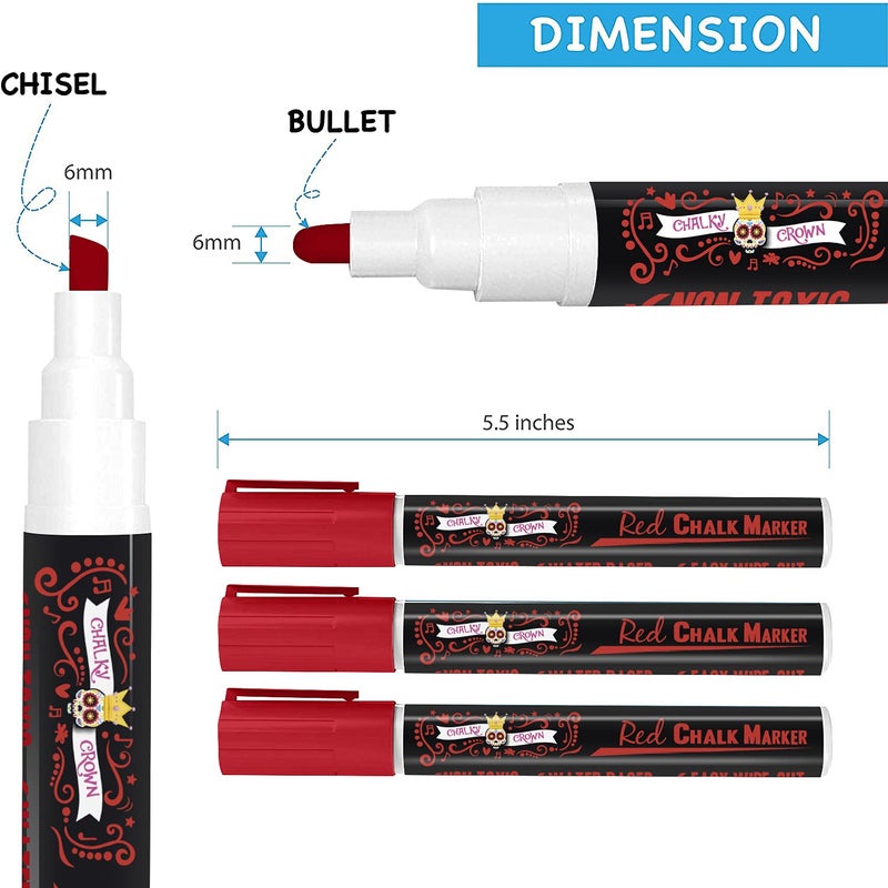 CHALKY CROWN قلم ماركر سائل تشالكي كراون - قلم مسح جاف - أقلام طباشير لعلامات السبورة، النوافذ، السبورة السوداء، الزجاج - طرف قابل للعكس 6 مم (أحمر، 5 عبوات) - Image 5